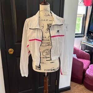 New Balance Women's Bomber Jacket in White with Pink Stripes